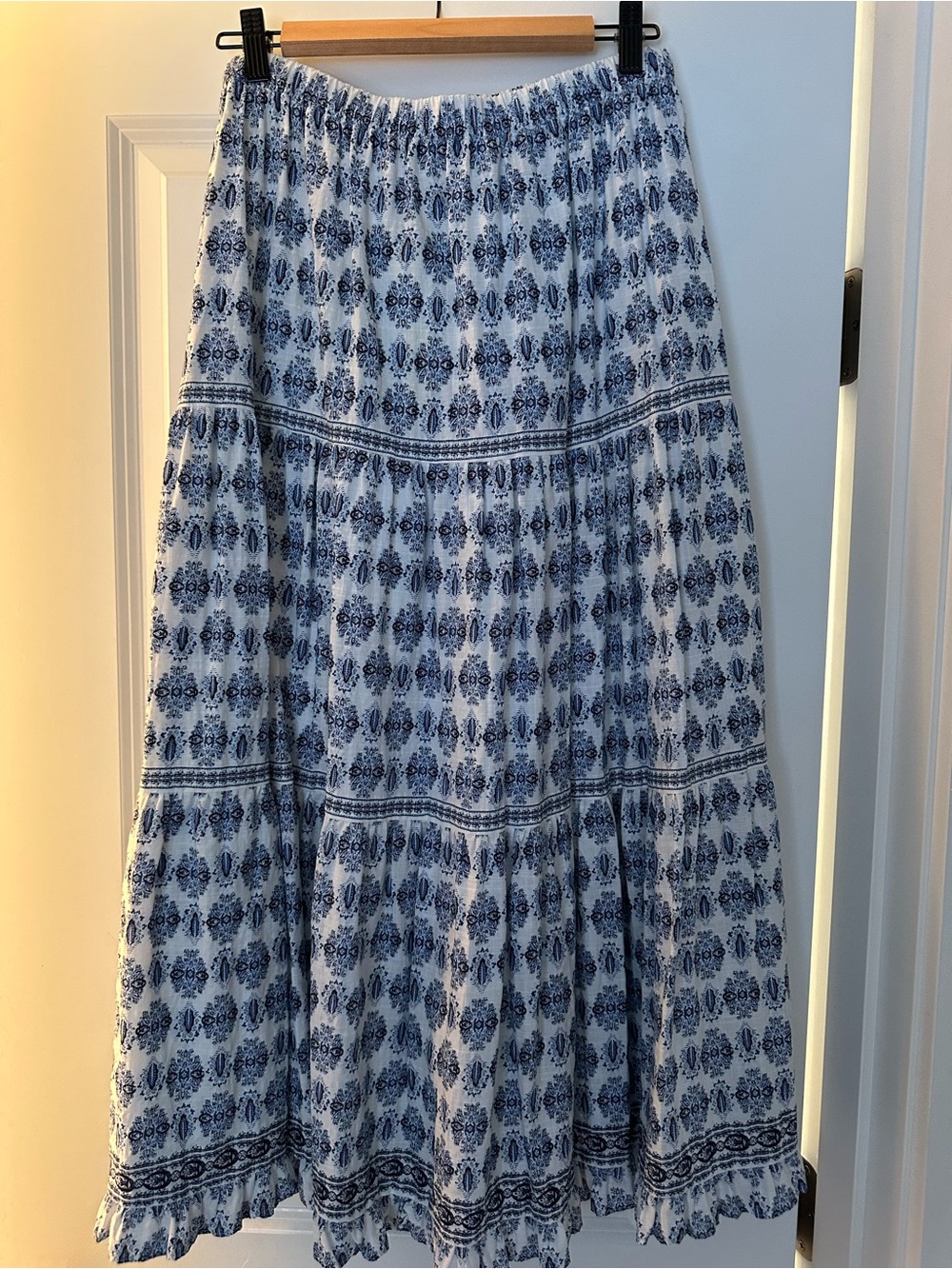 Max Studio Blue and White Printed Tiered Maxi Skirt